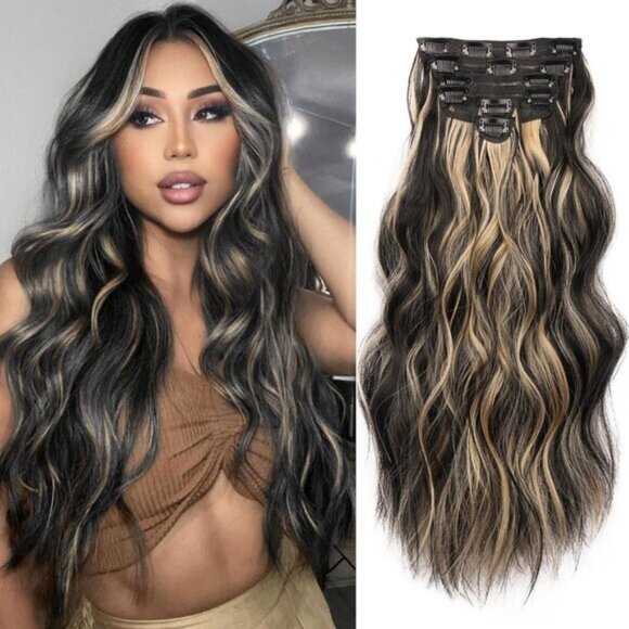 New 6PCS 20" Wavy Curly Black Mix Blonde Clip-In Hair Extensions for Women